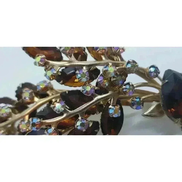 Vintage Brooch Rhinestone Leaf Spray Amber & AB Stones Estate Judy Lee - Picture 6 of 11